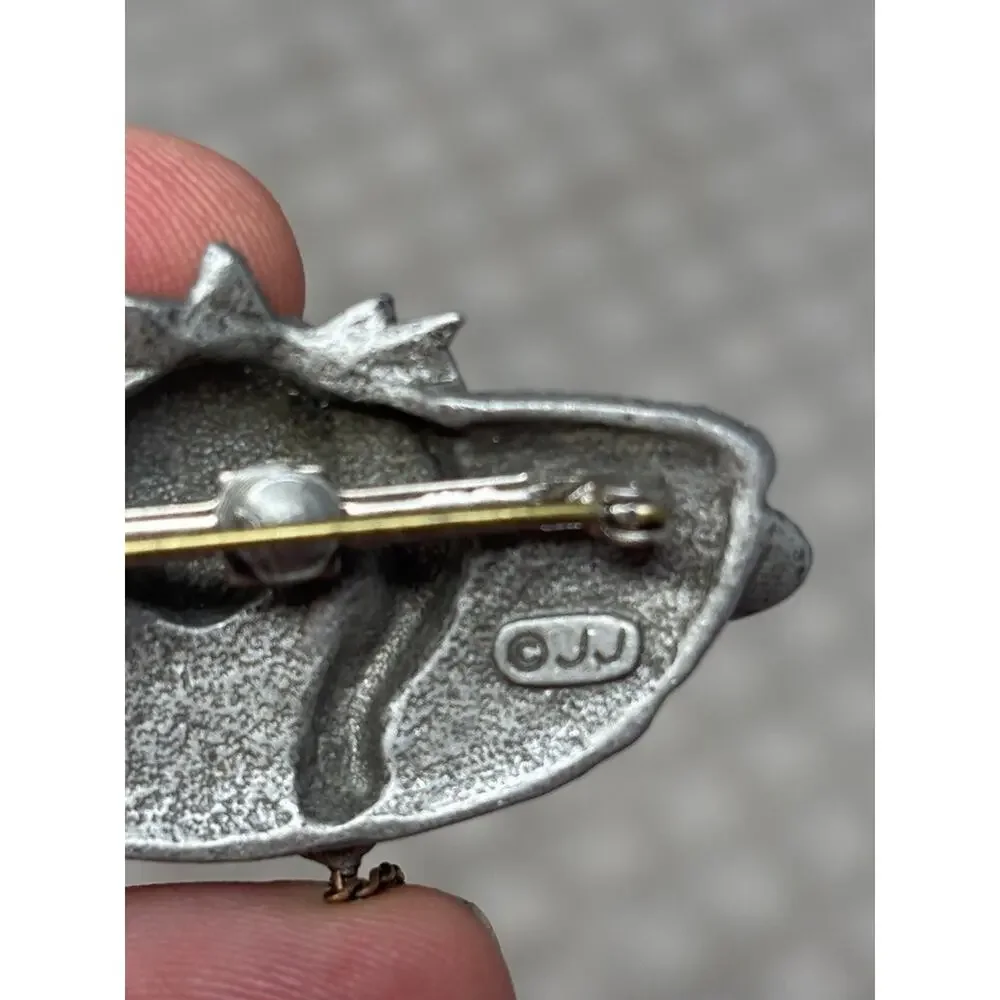 Vintage JJ JONETTE Signed Pewter Kitty Cat &‎ Mouse Articulated Brooch Pin